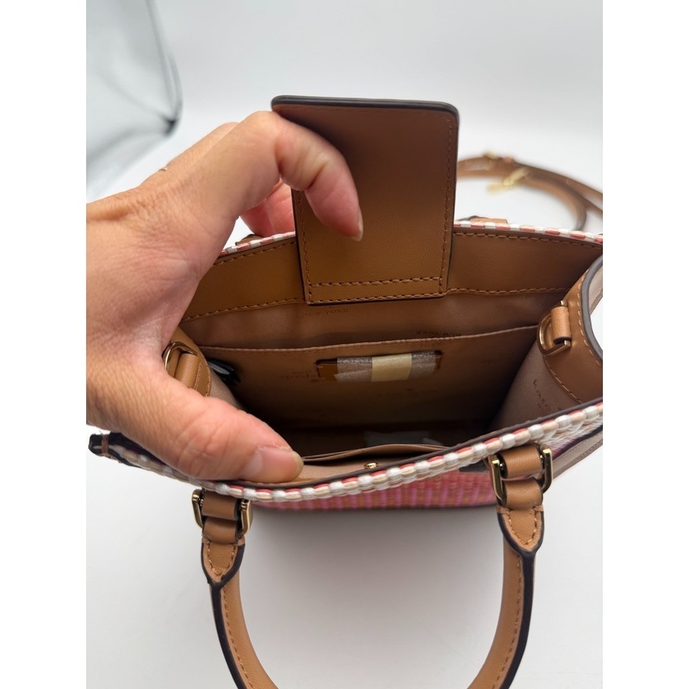 Kate Spade Manhattan Woven Stripe North South Mini Tote Pink Orange Tan Bag - Picture 6 of 7